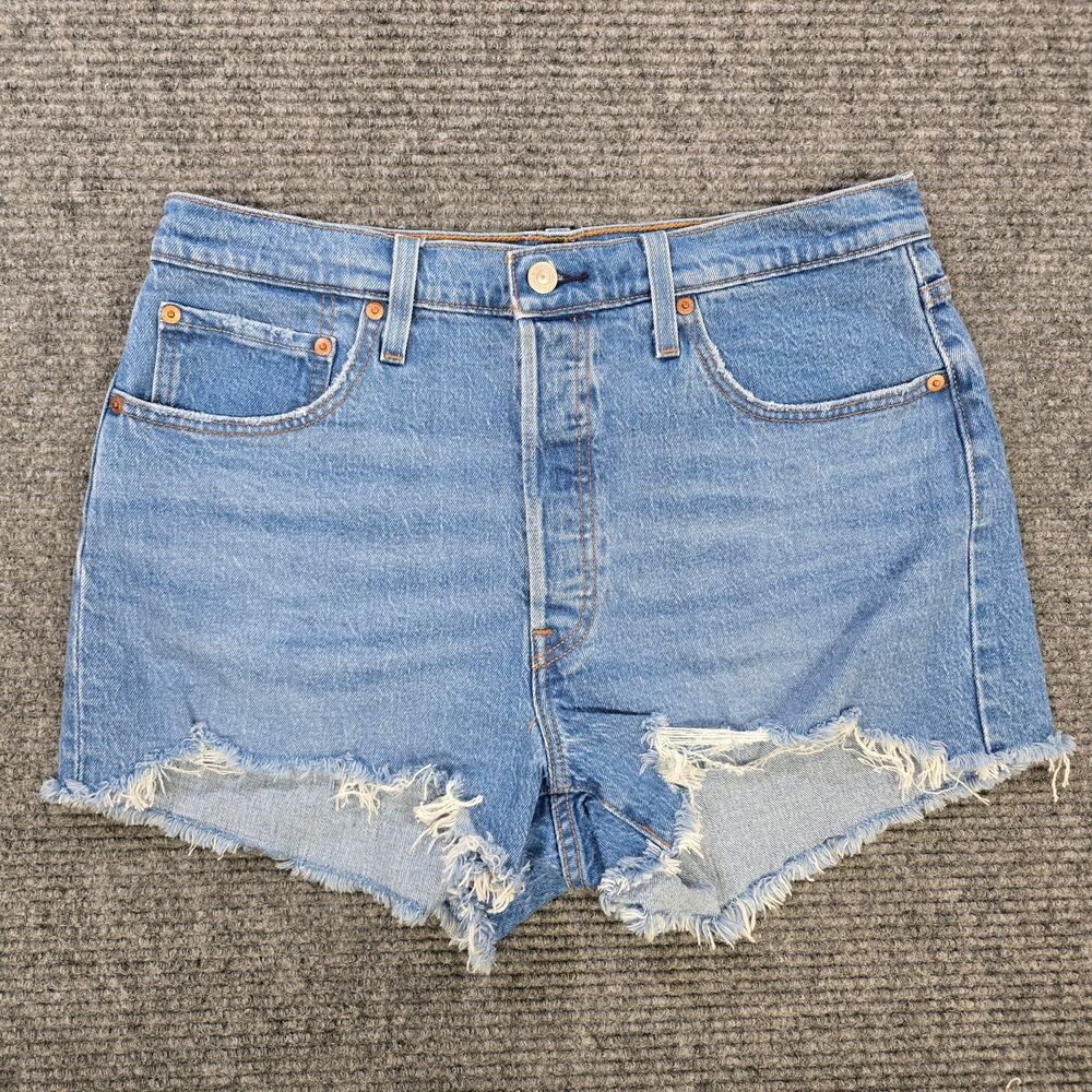 Levi's 501 Shorts Womens 32 Blue High Rise Cutoff Button Fly Distressed Raw Hem